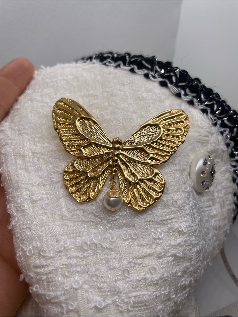 Gold Butterfly Brooch with Pearl Drop - Women Jewelry